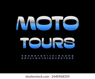 Vector cool Sign Moto Tours. Modern Silver Font. Unique Metallic Alphabet Letters and Numbers set.