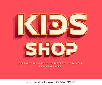 Vector cool Signboard Kids Shop. Unique bright. Modern 3D Alphabet Letters and Numbers set