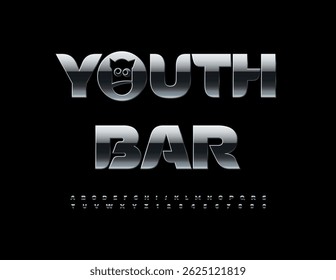 Vector Cool signboard Youth Bar with Funny Emblem. Dark Metallic Font. Modern Awesome Alphabet Letters and Numbers set.