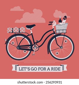 Vector cool three colored detailed web banner on 'Let's Go For A Ride' with vintage bicycle with wicker basket full of food like wine bottle, bread and apple and folded blanket on rear rack