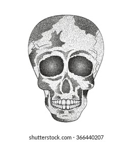 Vector of cool vintage human skull with halftone effect to the Day of The Dead. Contour. Vector Illustration