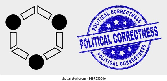 Vector cooperation pictogram and Political Correctness seal stamp. Red rounded textured seal stamp with Political Correctness text. Vector combination in flat style. Black isolated cooperation icon.