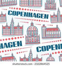 Vector Kopenhagen Nahtlose Muster, wiederholen Hintergrund mit Illustration des berühmten Kopenhagener Stadtumfelds auf weißem Hintergrund für Bettwäsche, dekorative Linie Kunst Stadtplakat mit blauem Kopenhagen Kopenhagen Kopenhagen