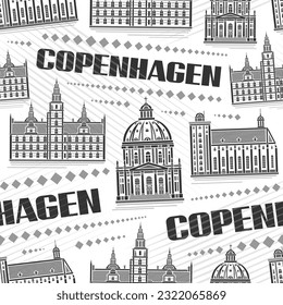 Vector Kopenhagen Nahtlose Muster, mehrer Hintergrund mit Illustration des berühmten europäischen Kopenhagener Stadtbild auf weißem Hintergrund, monochrome Linien-Kunst-Stadtplakat mit schwarzem Text Kopenhagen