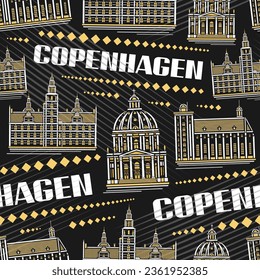 Vector Kopenhagen Nahtloses Muster, quadratischer wiederholen Hintergrund mit Illustration des berühmten europäischen Kopenhagener Stadtbild auf dunklem Hintergrund, dekoratives Linien-Kunst-Stadtposter mit weißem Text Kopenhagen