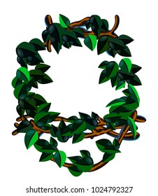 vector copy; cartoon illustration of green bright wooden frame; game gui jungle element isolated in white; realistic plant  isolate; twisted in gui frame fantasy cartoon brunches; design element