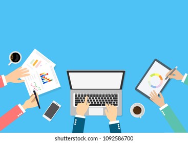 Vector with copy space of young businessman working with team on creative idea project for analyzing company financial strategy. Concept picture for office and business teamwork project.