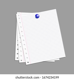 Vektorillustration-Copybook-Seiten, die durch die realistische blaue Taste einzeln auf grauem Hintergrund, gesäumtes Papier, Memo-Lank-Vorlage, Design-Element.