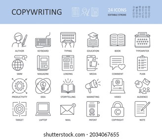 Vector copywriting icons. Editable stroke. Written by journalist computer keyboard typing book magazine publication education. Letter pen article SMM SEO productivity idea audience storytelling commen