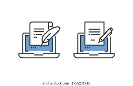 Vector copywriting thin line icons with laptop and document. Flat illustration of storytelling, creative writing and text editing