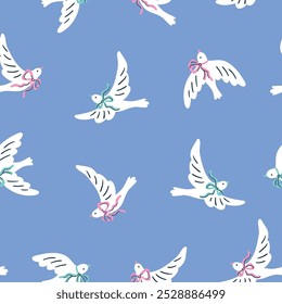 Vector coqueta pájaro patrón sin fisuras. Abstractas pájaros blancos con arcos sobre fondo azul. Lindo y preppy pájaro diseño de impresión sin fisuras para la tela de los niños o Fondo de pantalla de vivero.