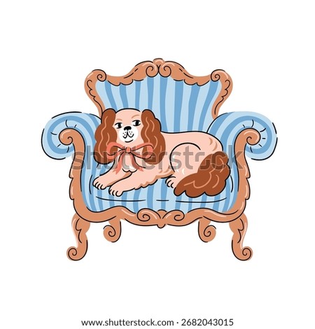Vector coquette Cavalier king charles spaniel in hand drawn style isolated on white background. Preppy spaniel dog on vintage striped arm chair. Cute dog illustration.