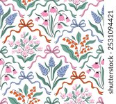 Vector coquette floral trellis seamless pattern.  Preppy  bows and floral bouquet isolated on white background for fabric , wallpaper or wrapping paper. Classic botanical elegance print design.