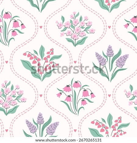 Vector coquette floral trellis seamless pattern.  Preppy  damask floral bouquet isolated on white background for fabric , wallpaper or wrapping paper. Classic botanical elegance print design.