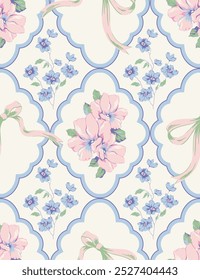 Vector coquette flowers pattern.Colorful seamless grandmillennial pattern. Perfect for greetings, invitations, manufacture wrapping paper, textile and web design. Vector preppy pattern.