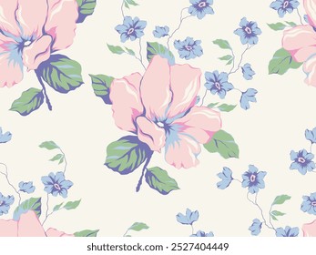 Vector coquette flowers pattern.Colorful seamless grandmillennial pattern. Perfect for greetings, invitations, manufacture wrapping paper, textile and web design. Vector preppy pattern.