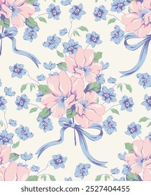 Vector coquette flowers pattern.Colorful seamless grandmillennial pattern. Perfect for greetings, invitations, manufacture wrapping paper, textile and web design. Vector preppy pattern.