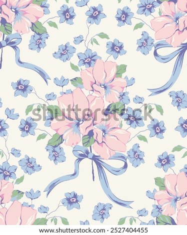 Vector coquette flowers pattern.Colorful seamless grandmillennial pattern. Perfect for greetings, invitations, manufacture wrapping paper, textile and web design. Vector preppy pattern.