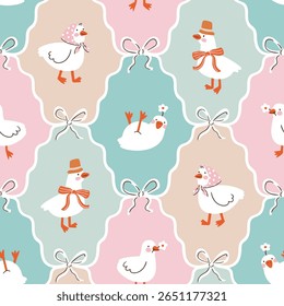 Vetor coquette ganso padrão sem costura. Pássaros brancos no fundo de damasco preppy. Engraçado design de impressão sem emenda animal infantil para tecido infantil ou papel de parede de berçário. Textura sem costura preppy.