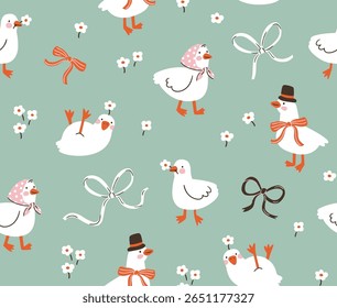 Vetor coquette ganso padrão sem costura. Pássaros brancos e flores em fundo verde hortelã. Engraçado design de impressão sem emenda animal infantil para tecidos infantis ou papel de parede de berçário. Textura sem costura preppy.
