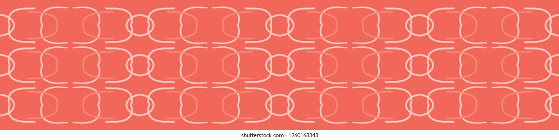Vector Coral Abstract Curved Mid Century Modern Style Lines Seamless Repeat Border. Geometric Shapes Banner. Trendy Summer Fashion Ribbon Trim, Peach Fabric Textile, Stationery, Home Decor Packaging.