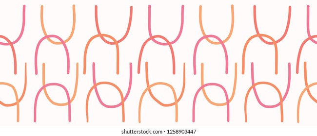 Vector Coral Abstract Lines Seamless Border Banner. Simple Geometric Stripes Shapes on White Background. Modern Trendy Summer Fashion Trim, Peach Fabric Ribbon, Washi Tape, Kids Paper Packaging.