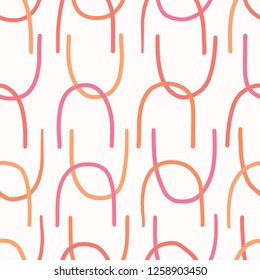 Vector Coral Abstract Lines Seamless Repeat Pattern. Simple Geometric Stripes Shapes on White Background. Modern Trendy Summer Fashion Print, Peach Fabric Textile, Stationery, Kids Paper Packaging.