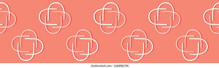 Vector Coral Abstract Lines Seamless Border Banner. Simple Geometric Polka Dot Shapes on Orange Background. Modern Trendy Summer Fashion Trim, Peach Fabric Ribbon, Washi Tape, Kids Paper Packaging.
