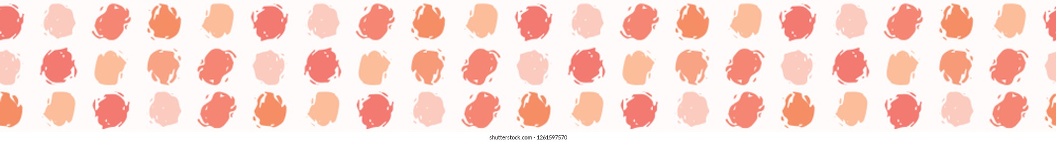 Vector Coral Abstract Polka DotsSeamless Border Banner. 1950s StylGeometric Circles Orange Background. Modern Trendy Summer Fashion Trim, Peach Fabric Ribbon, Washi Tape, Retro Vintage Paper Packaging