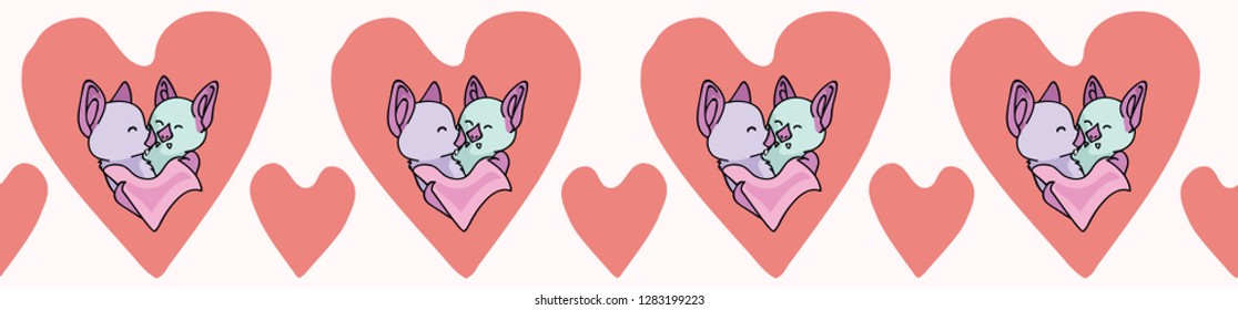 Vector coral bat hug hearts. Seamless repeat border. Hand drawn 2 bats hugging inside love heart for romantic valentines day, wedding or wildlife celebration banner ribbon. Free hug concept.