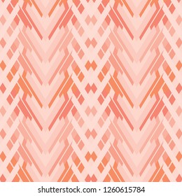 Vector Coral Chevron Weave Seamless Repeat Pattern. Geometric Interlocking Line Background. Trendy Summer Fashion Print, Peach Craft Fabric Textile, Stationery, Gift Wrap, Ethnic Home Decor Packaging.