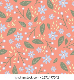 Vector coral floral and feminine repeat seamless pattern print. Perfectly on trend for fashion and textiles. Includes leaves, petals and flowers.