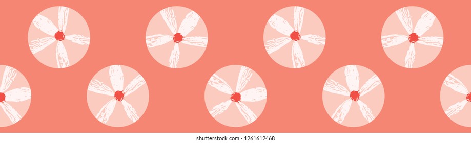 Vector Coral Flowers Polka Dots Seamless Repeat Border. Geometric Floral Circles 1950s Style Peachy Background. Modern Trendy Summer Fashion Ribbon Trim, Washi Tape Stationery, Retro Paper Packaging