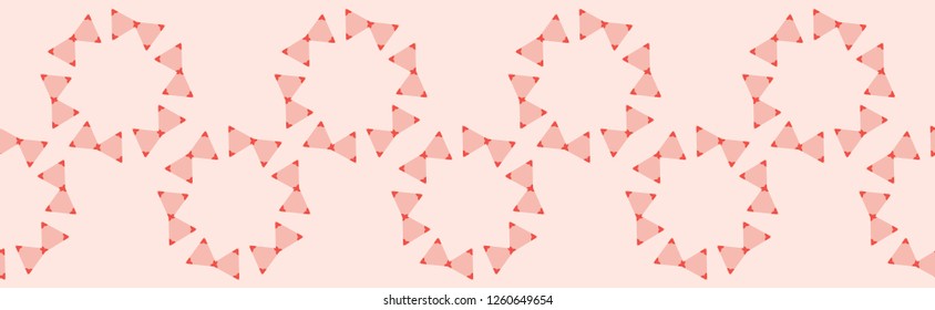 Vector Coral Geometric Flowers Seamless Repeat Border. Simple Triangle Bloom Star Shape on Pink Background. Modern Trendy Summer Fashion Trim, Fifties Ribbon Textile, Stationery, Washi Tape Packaging.