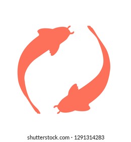 Vector coral Koi carp fish illustration on white background. Isolated hand drawn silhouettes of two carps. Design art template for a modern logo or banner