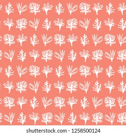 Vector Coral Marine Specimen Seamless Pattern. Hand Drawn Ocean Reef Life Illustration. Color of the Year Corals Plant Specimen for Fashion Prints, Design Packaging, Conservation Nature Backgrounds.