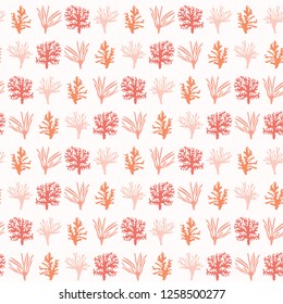 Vector Coral Marine Specimen Seamless Pattern. Hand Drawn Ocean Reef Life Illustration. Color of the Year Corals Plant Specimen for Fashion Prints, Design Packaging, Conservation Nature Backgrounds.