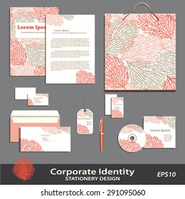 Vector Coral Pattern stationery design template. Brand & corporate identity business set.. Business Cards, Envelope, Folder, CD, Bag, Pen, Badge. Coral icon. Editable, layered. Can print separately.