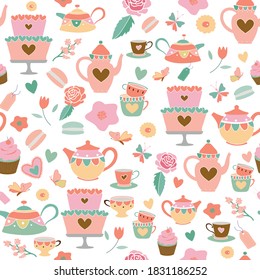 Vector coral pink sage green garden tea party seamless pattern background. Perfect for fabric, scrapbooking, wrapping paper, wallpaper projects