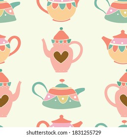 Vector coral pink sage green tea pots seamless pattern background. Perfect for fabric, scrapbooking, wrapping paper, wallpaper projects