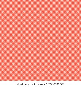 Vector Coral Polka Dots Seamless Repeat Pattern. Simple Geometric Circles 1950s Style Orange Background. Modern Trendy Summer Fashion Print, Peach Fabric Textile, Stationery, Retro Paper Packaging.