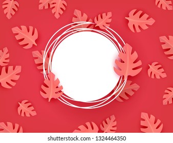 Vector coral red leaves with blank grunge circle frame background. Floral element for summer, spring floral design. Hand drawn plants for decoration illustration.
