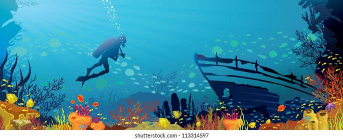 Vector Coral Reef With Fish And Silhouette Of Diver On Blue Sea Background