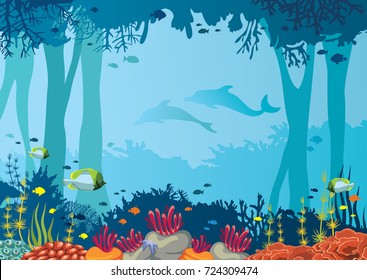 Vector coral reef, school of fishes, underwater cave and silhouette of two dolphins on a blue sea. Nature vector illustration with ocean wildlife.