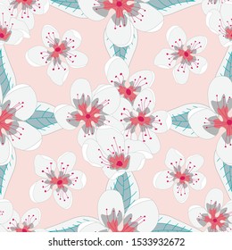 Vector Coral White Gray Flowers with Green Leaves on Peach Background Seamless Repeat Pattern. Background for textiles, cards, manufacturing, wallpapers, print, gift wrap and scrapbooking