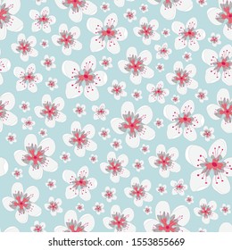 Vector Coral White Gray Flowers with on Mint Green Background Seamless Repeat Pattern. Background for textiles, cards, manufacturing, wallpapers, print, gift wrap and scrapbooking.