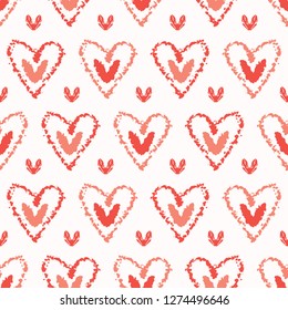 Vector coral and white textured 2 hearts entwined. Seamless repeat pattern. Hand drawn love heart symbol for romantic valentines day, wedding or anniversary celebration backdrop.