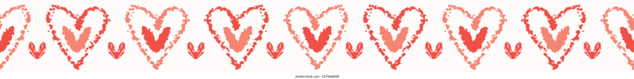 Vector coral and white textured 2 hearts entwined . Seamless repeat border. Hand drawn love heart banner ribbon for romantic valentines day, wedding or anniversary celebration washi tape.