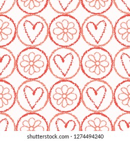 Vector coral, white textured heart flower circles. Seamless repeat pattern. Hand drawn love heartand daisy polka dots for romantic valentines day, wedding or anniversary celebration backdrop.