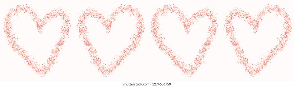 Vector coral and white textured heart outline. Seamless repeat border. Hand drawn love heart banner ribbon for romantic valentines day, wedding or anniversary celebration washi tape.